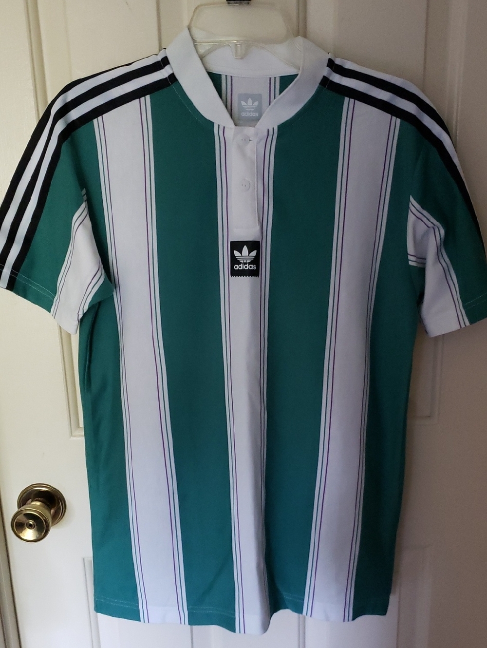 adidas Green and White Vertical Stripe Short Sleeve Jersey Size Small